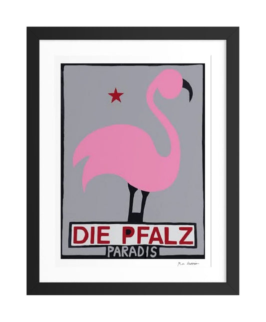 Framed poster with a pink flamingo with Die Pfalz Paradis on a gray background