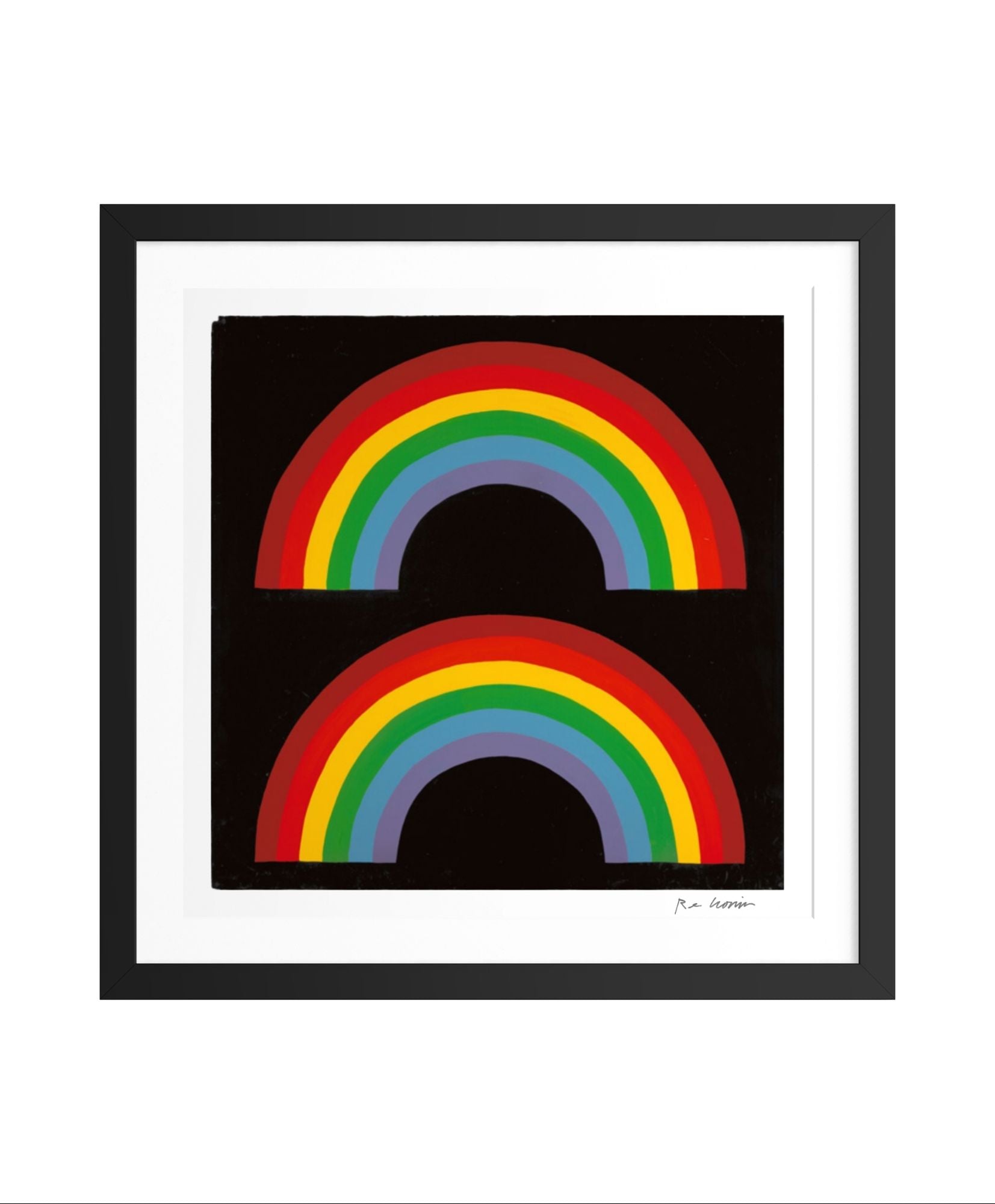 Framed artwork with two rainbows on a black background