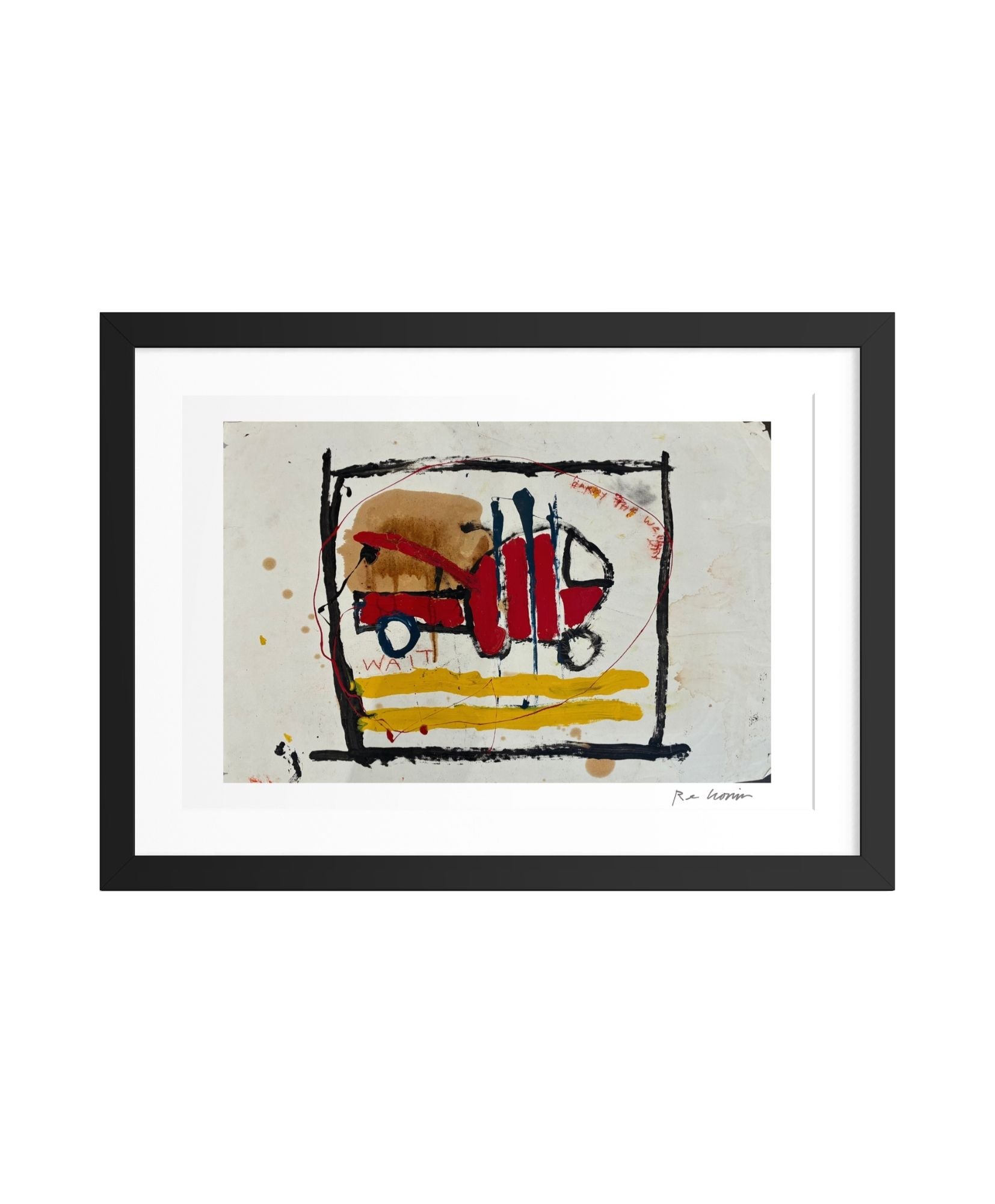 Framed abstract artwork with a red and yellow design on a white background. - playing with word "wait" and "weight".