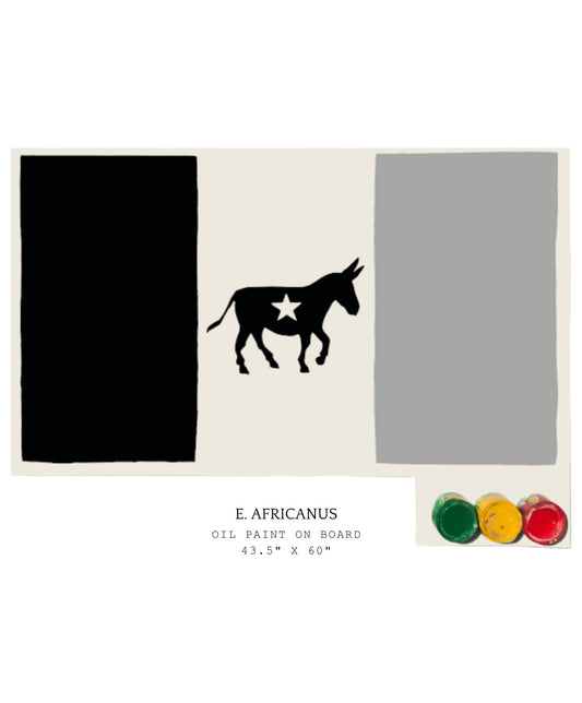 Artistic depiction of a donkey with a star on a black, white, and gray background with oil paint samples in Senegalese colors.