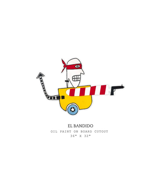 Cartoon character with a bandana and striped cart on a white background, labeled 'El Bandido'.