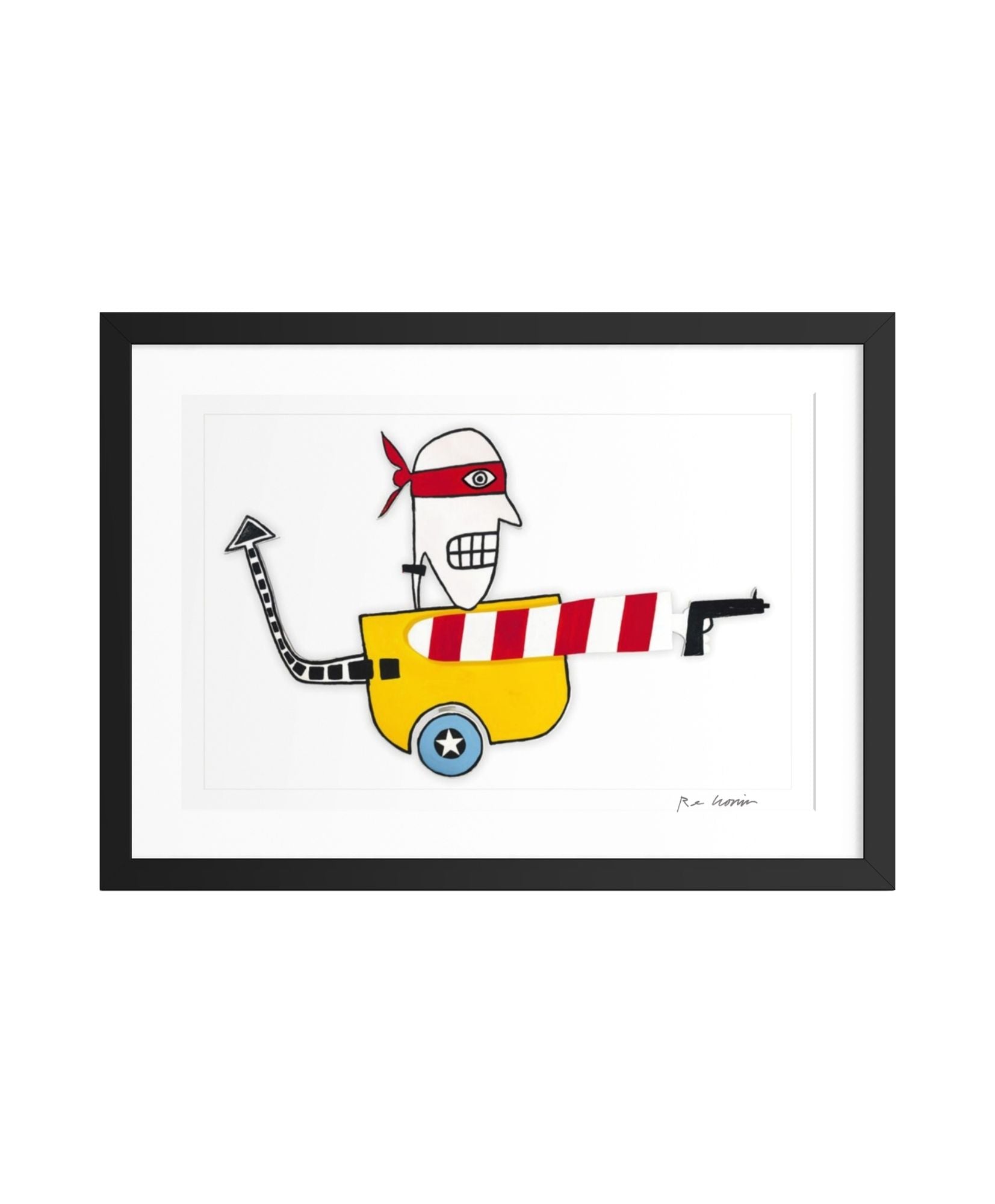 Framed illustration of a bandit cartoon character with a yellow cart and red bandana on a white background