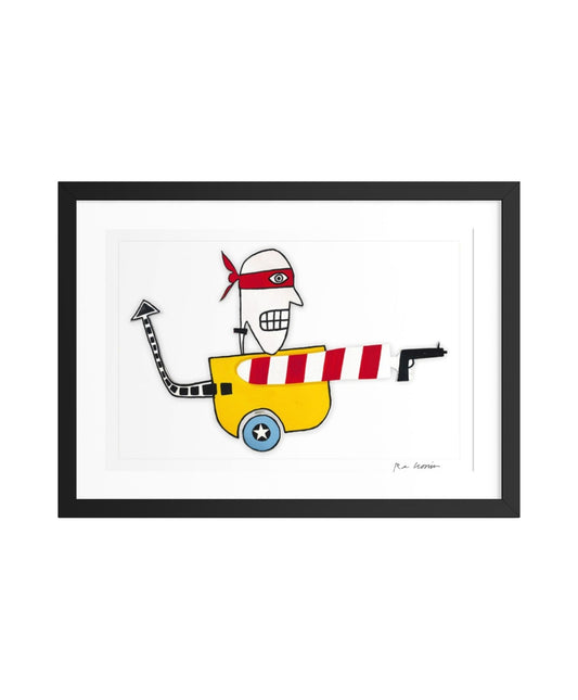 Framed illustration of a bandit cartoon character with a yellow cart and red bandana on a white background