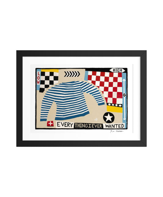 Framed artwork with a striped sweater design and text on a white background