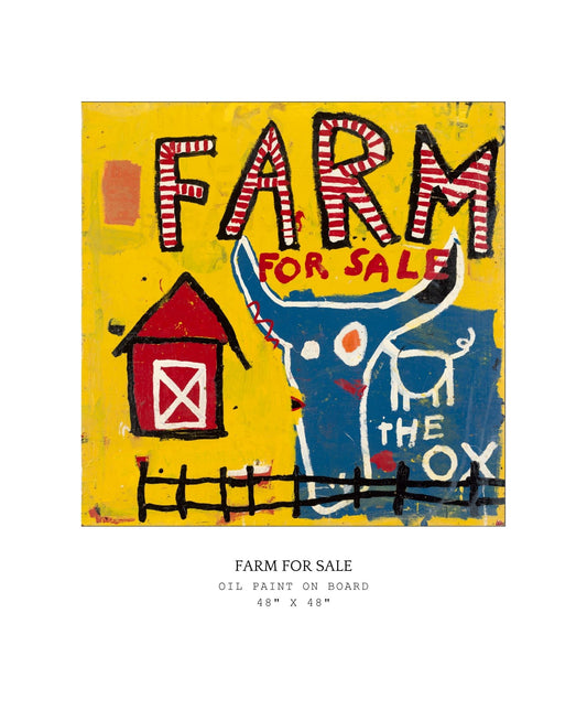 Artistic depiction of a farm with a barn and an ox on a yellow background, labeled 'Farm for Sale'.