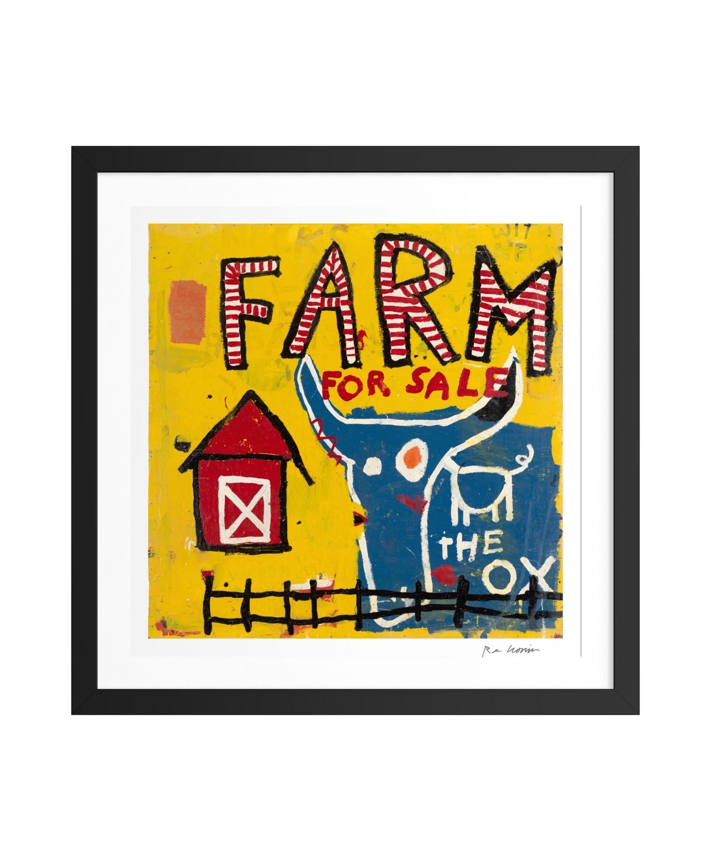 Framed artwork with a colorful illustration of a cow, barn, and text 'Farm for Sale The Ox' on a yellow background.