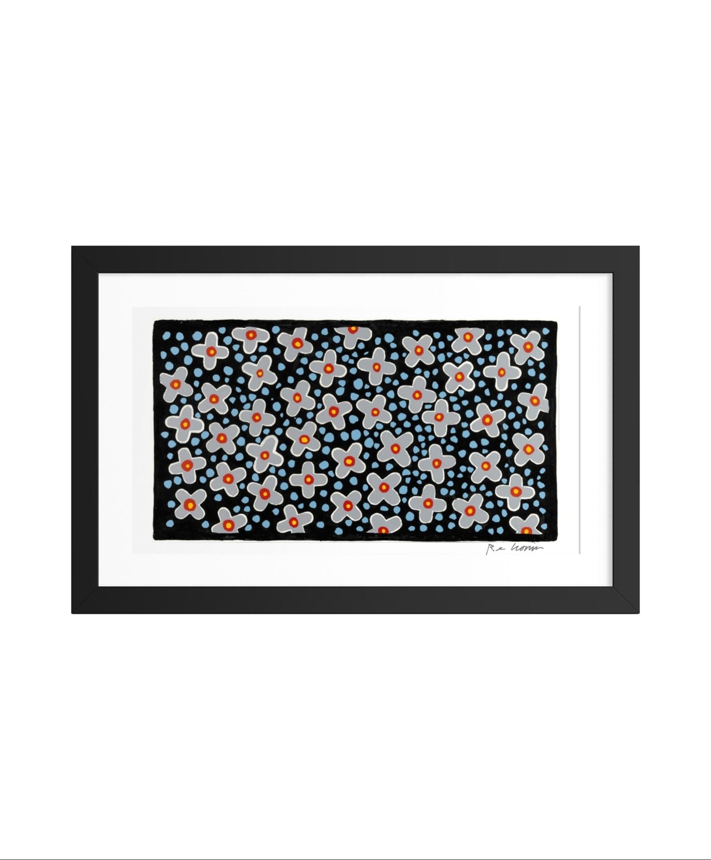 Framed artwork with a floral pattern on a black background