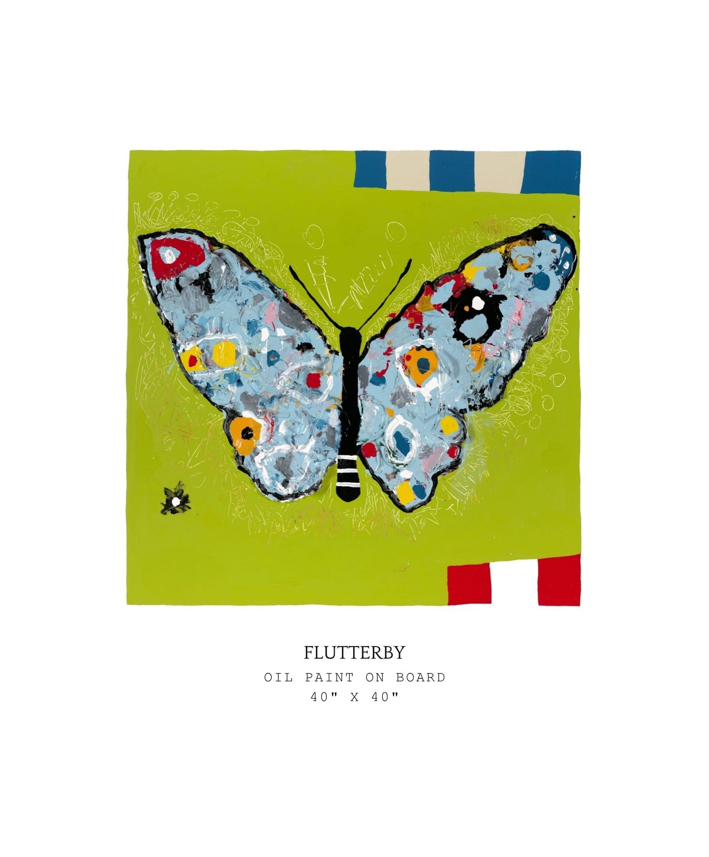 Painting of a butterfly with colorful wings on a green background, titled 'Flutterby'. Part of "Things With Wings" series.