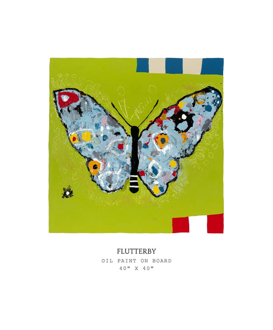 Painting of a butterfly with colorful wings on a green background, titled 'Flutterby'. Part of "Things With Wings" series.