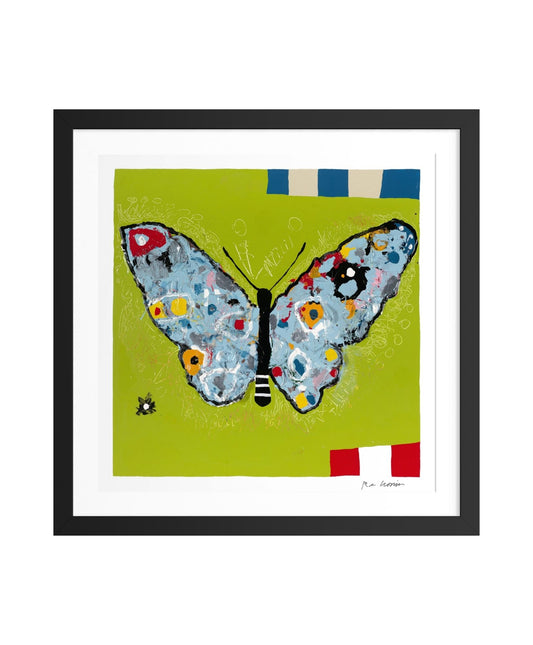 Framed artwork of a colorful butterfly on a green background. Part of Cronin's "Things With Wings" series.