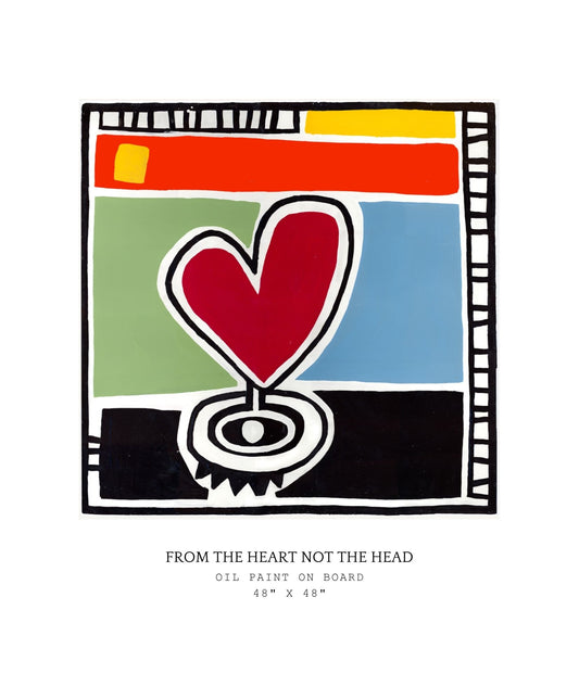 Abstract artwork with a red heart on a colorful background, framed by a black border.