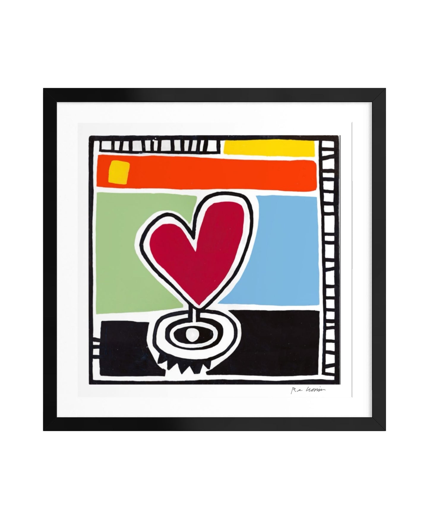 Framed artwork with a red heart design on a colorful background