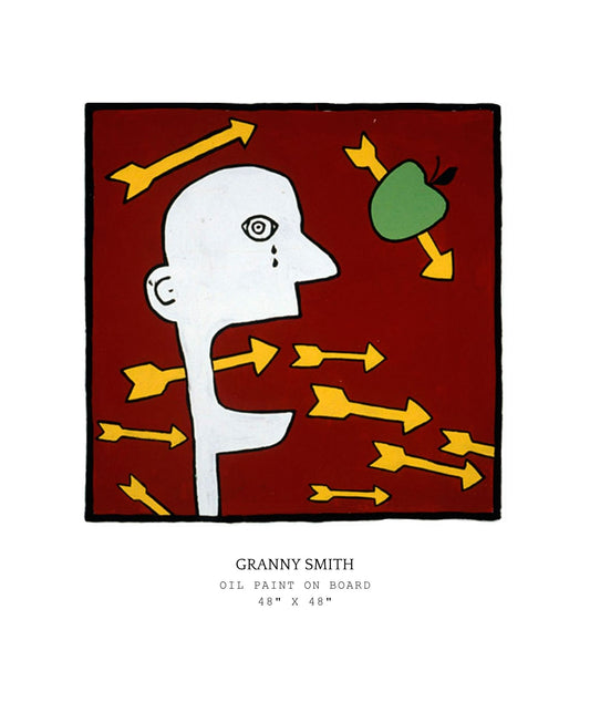 Abstract artwork with a white face, green apple, and yellow arrows on a red background, titled 'Granny Smith'.