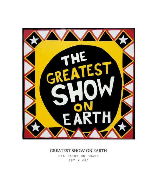 Artistic depiction of 'The Greatest Show on Earth' with geometric design elements.