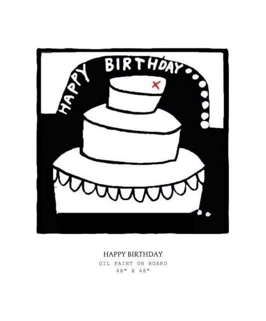 Black and white illustration of a birthday cake with 'Happy Birthday' text on a white background.