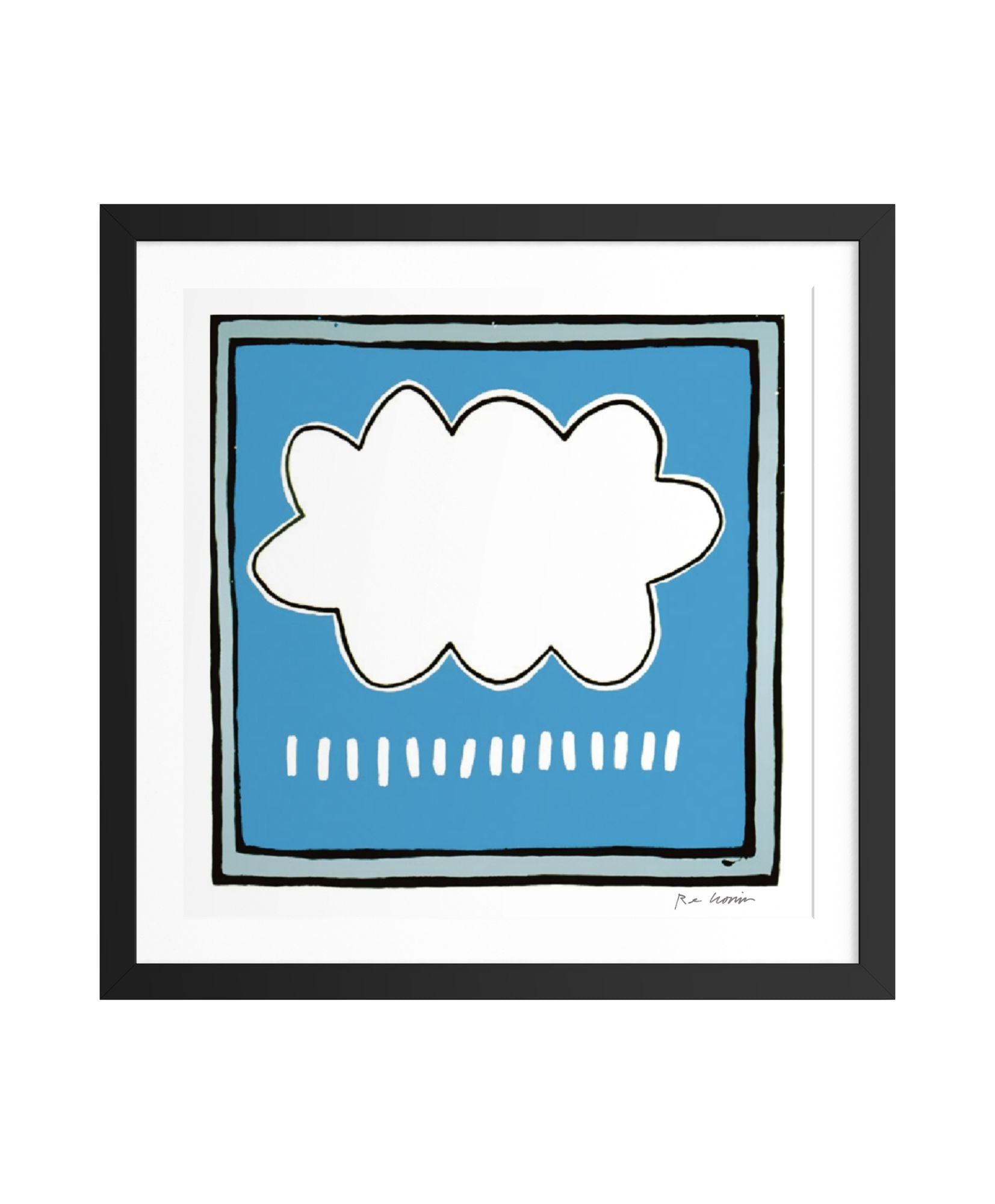 Framed artwork of a white cloud on a blue background