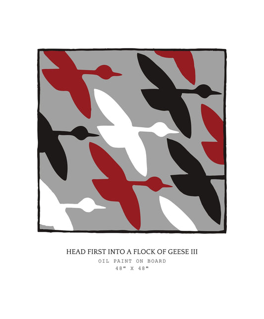 Abstract art piece with stylized geese in red, black, and white on a gray background.