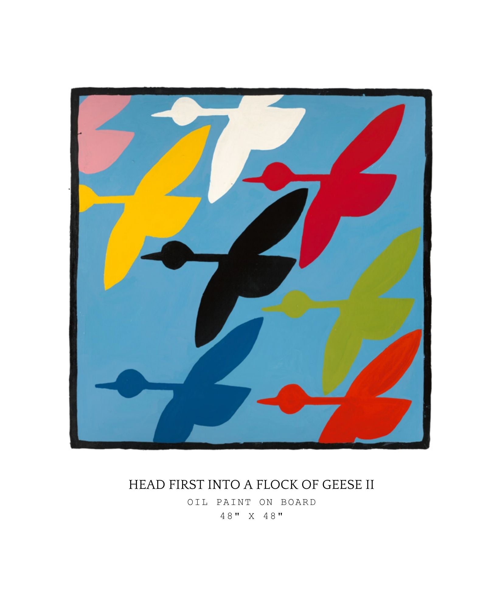 Colorful abstract painting of geese on a blue background with text below. Part of "Head First" series.