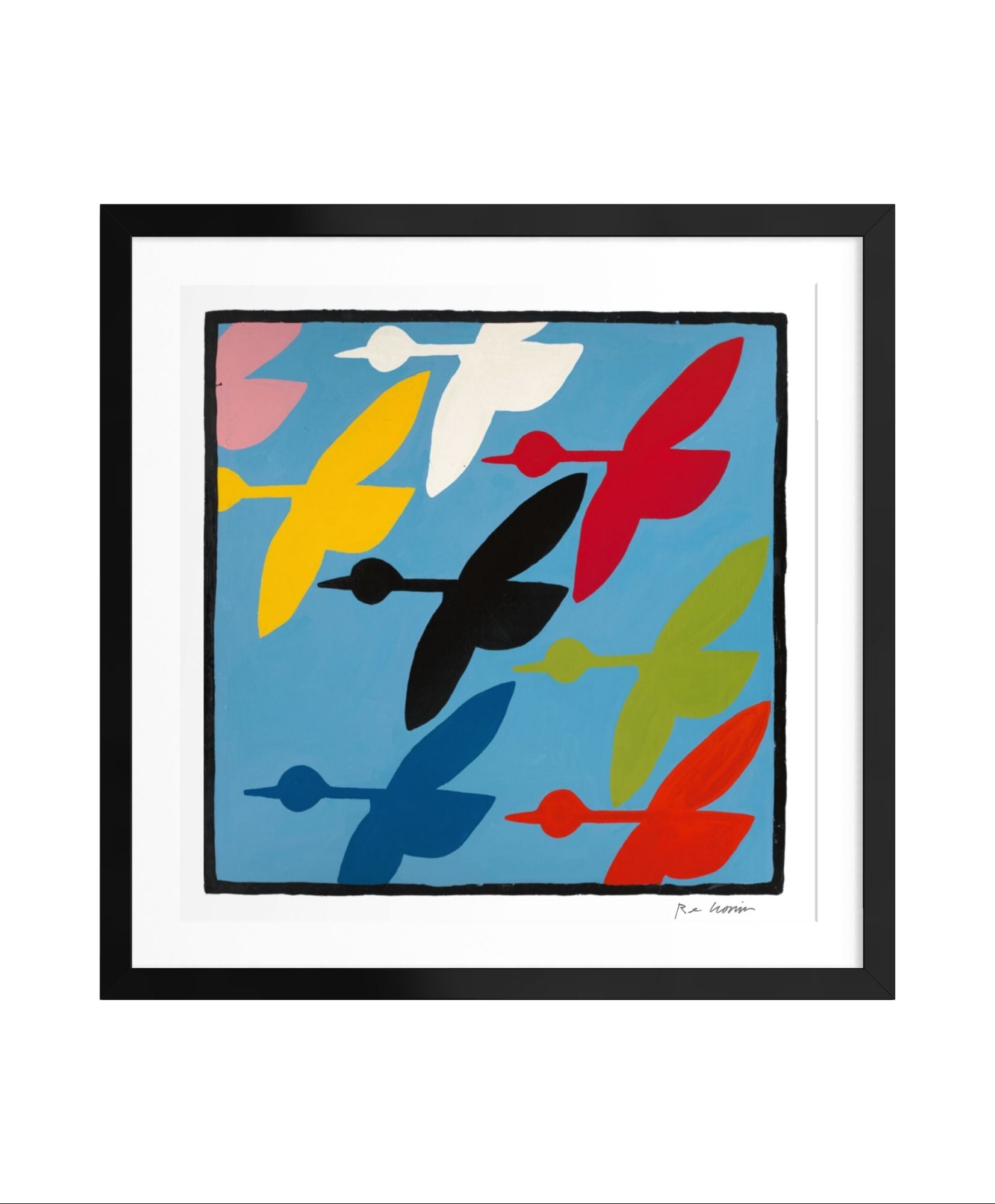 Framed abstract artwork with colorful geese on a blue background