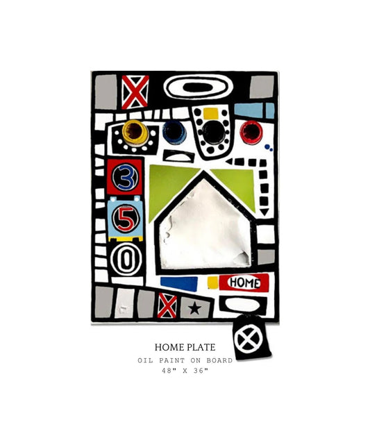 Abstract art piece titled 'Home Plate' with colorful geometric shapes on a white background