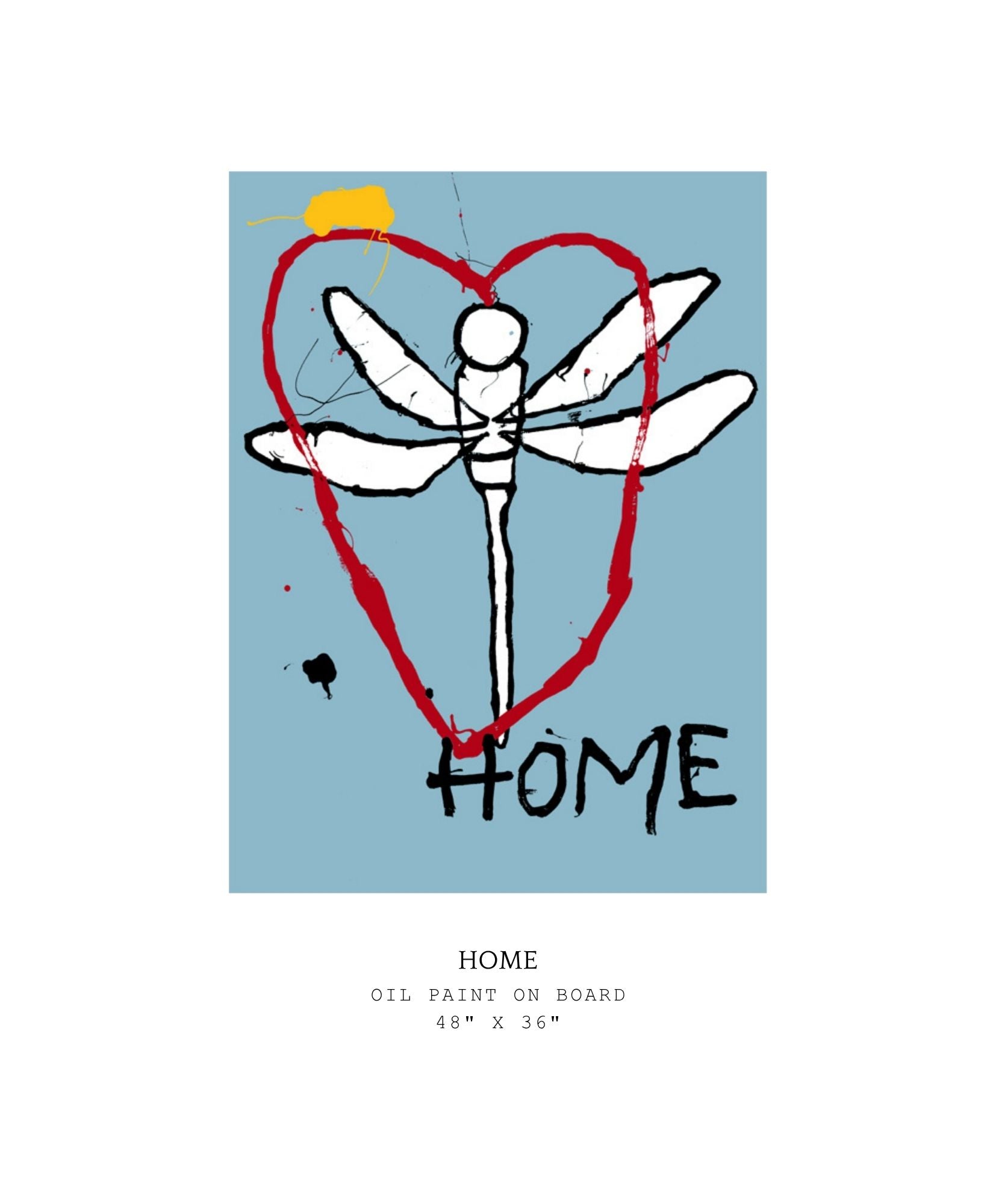 Abstract artwork of a dragonfly with a heart and 'HOME' text on a blue background