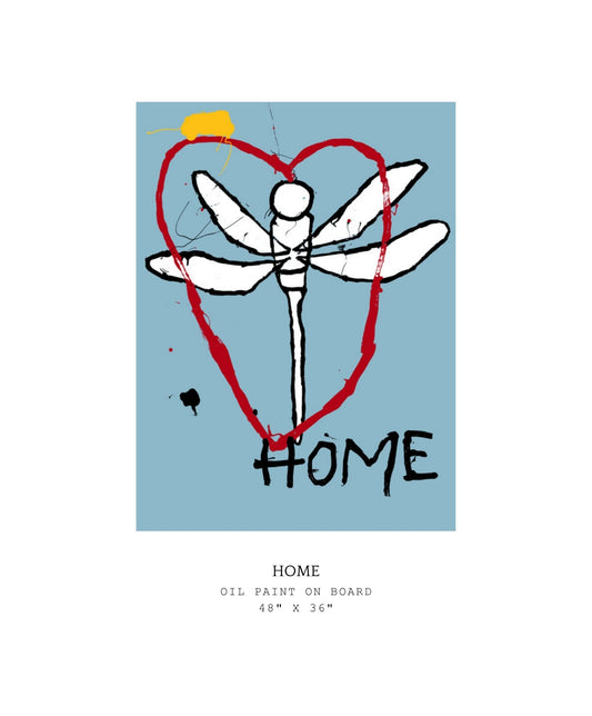 Abstract artwork of a dragonfly with a heart and 'HOME' text on a blue background