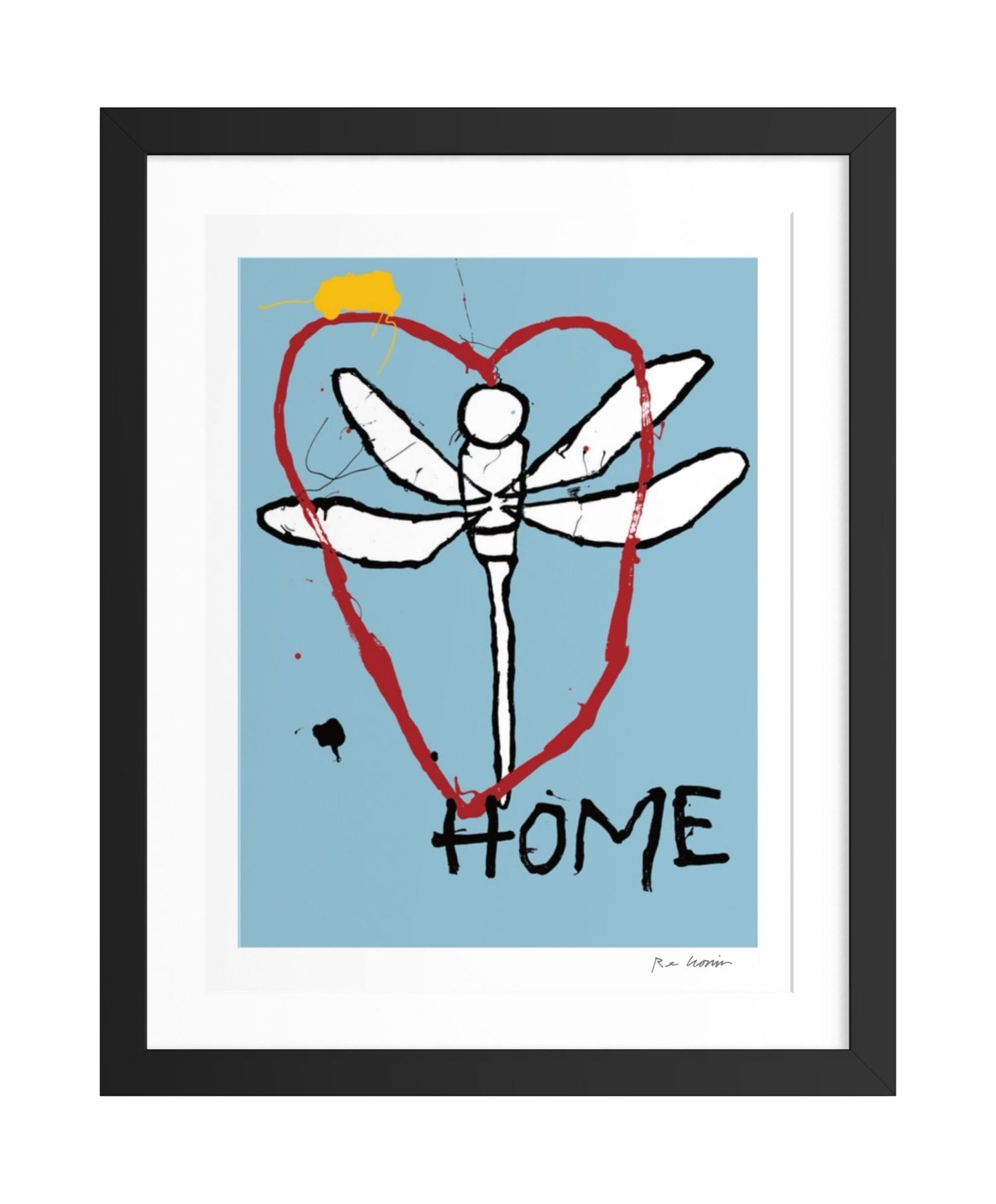 Framed artwork with a dragonfly and heart design on a blue background with Home written in