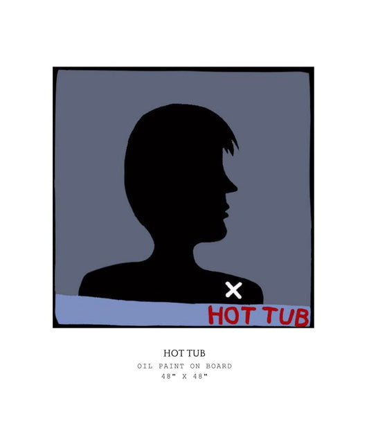 Silhouette of a person's profile with 'HOT TUB' text on a gray background