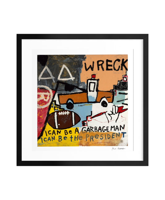 Framed abstract artwork with text and symbols on a white background
