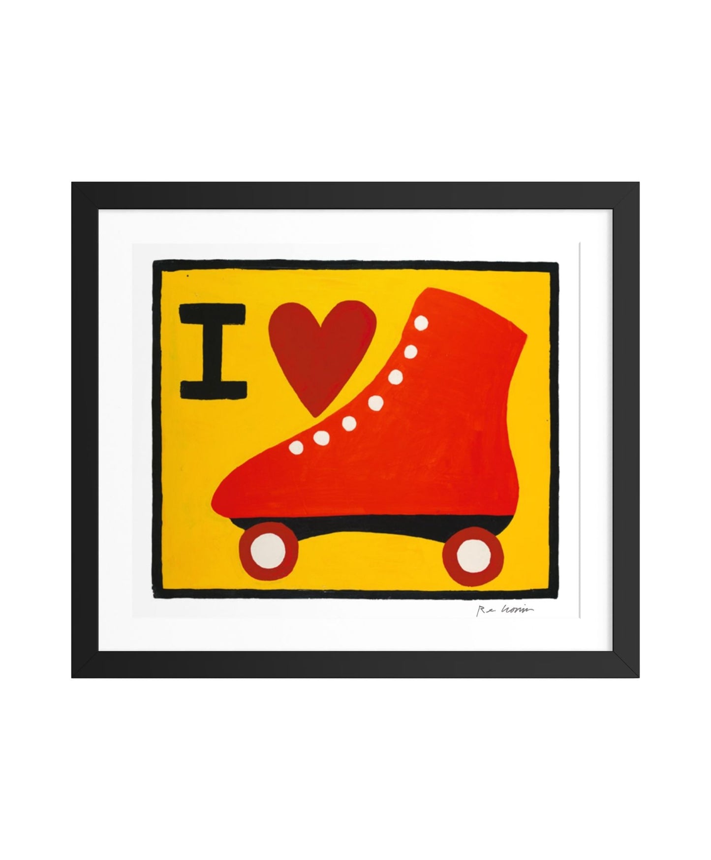 Framed artwork with a red roller skate and 'I ❤️' text on a yellow background.