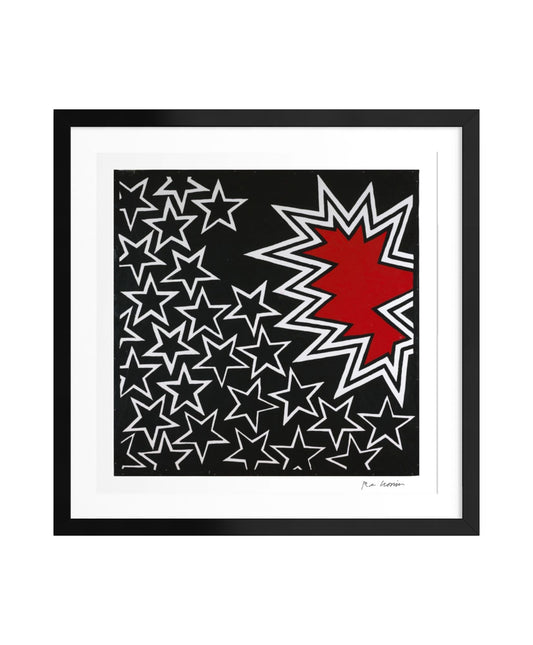 Framed artwork with a red and white abstract explosion design on a black background