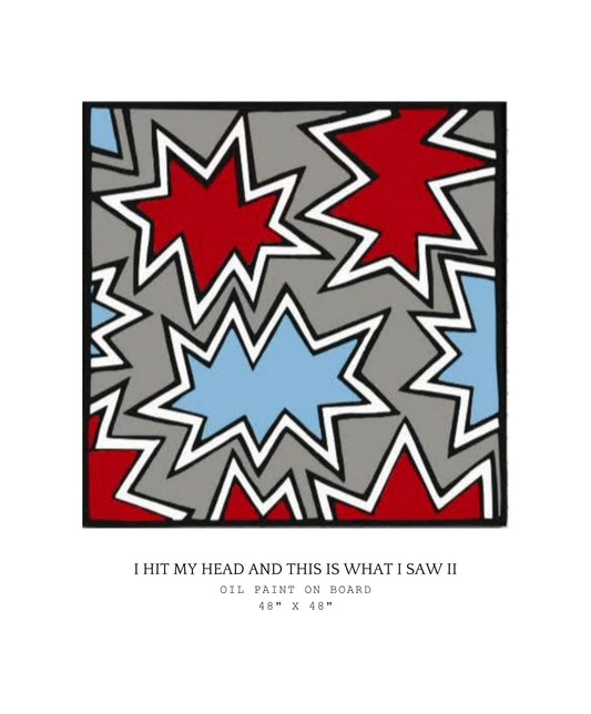 Abstract art piece with red, blue, and gray stars on a white background