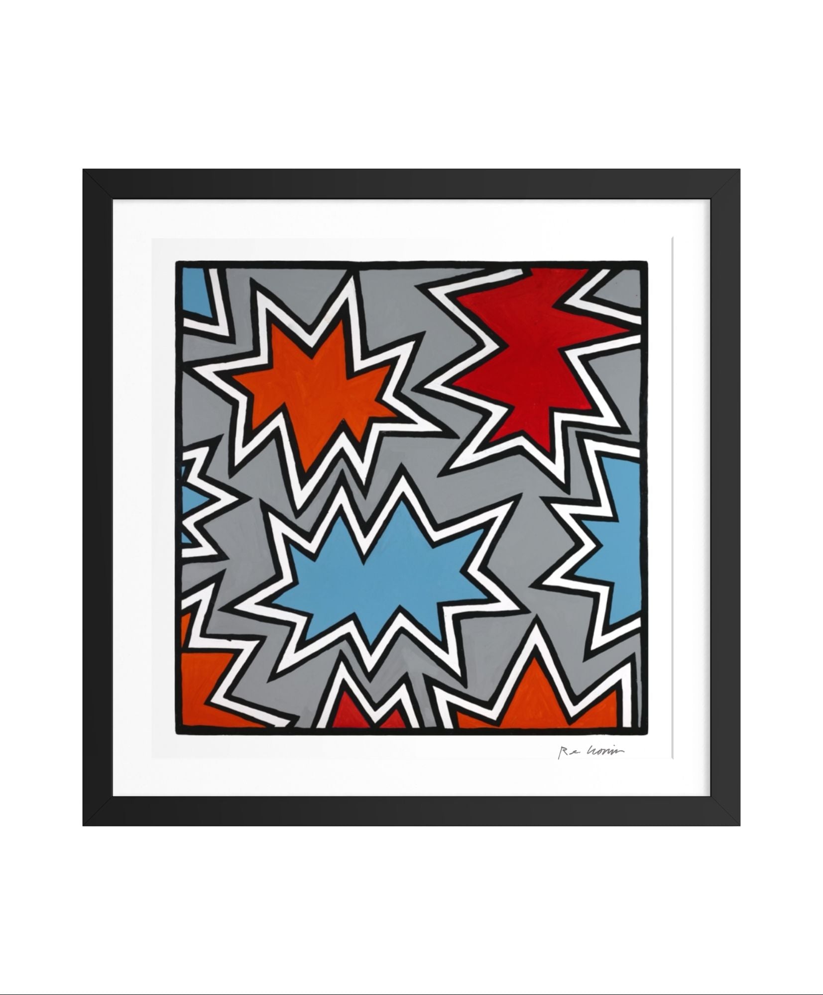 Framed abstract artwork of explosions with red, blue, and gray stars on a white background