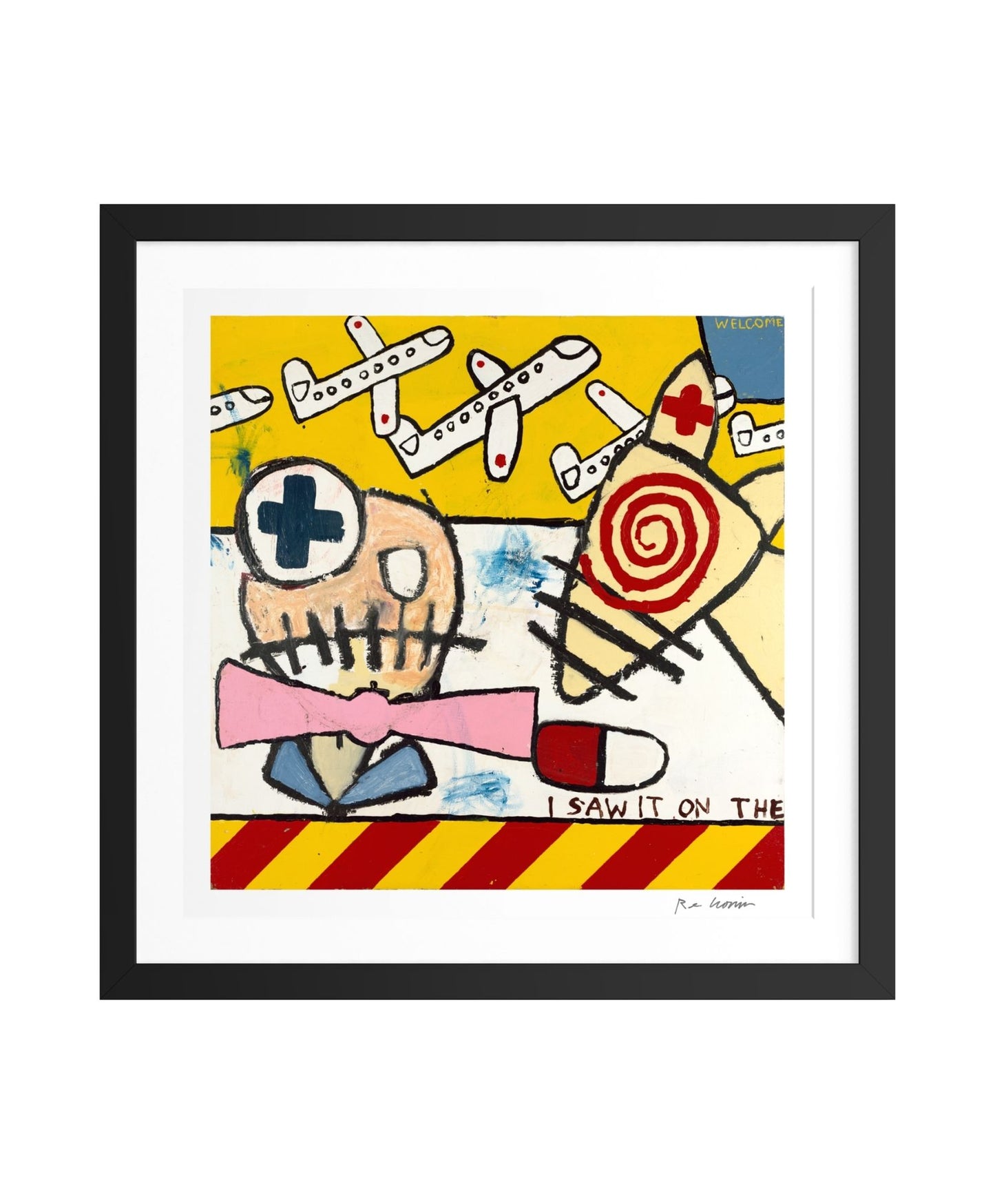 Framed artwork with a colorful abstract design featuring a skull, airplanes, and text on a yellow background.