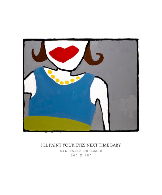 Surrealistic painting of a face with red lips yellow pearls and blue dress on a white background