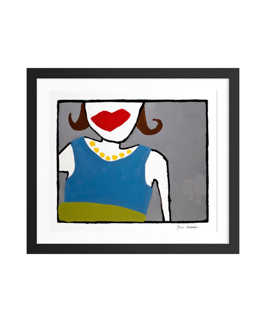 Framed abstract art print with a faceless figure wearing a blue top and red lips on a white background