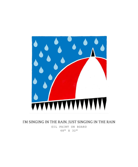 Artistic depiction of a red and white umbrella with blue rain pattern and text on a white background