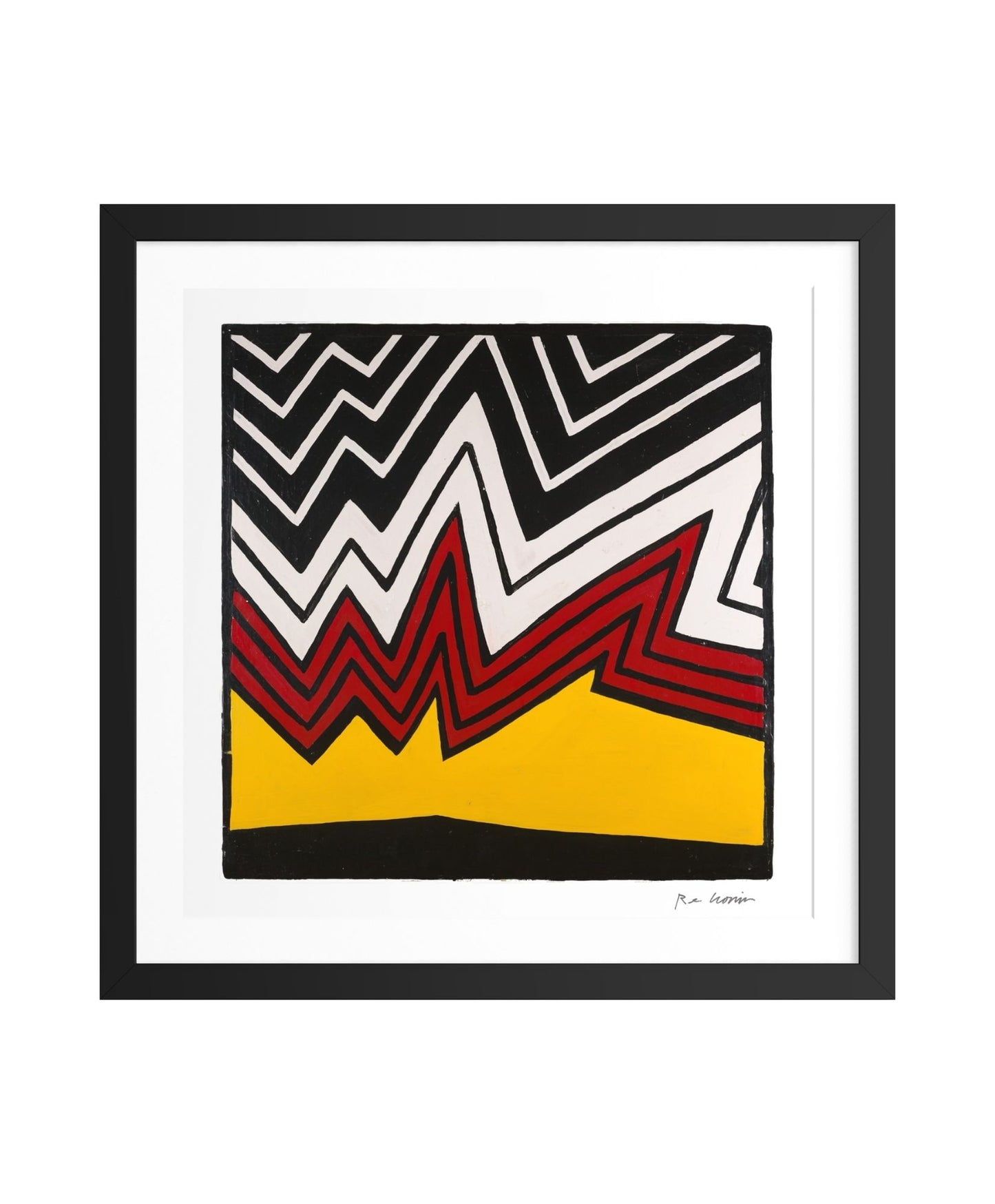 Framed abstract explosion with black, white, red, and yellow zigzag pattern on a white background