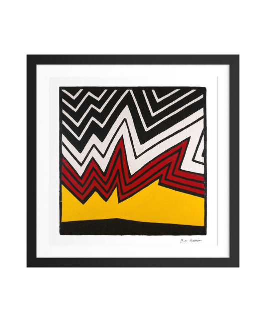 Framed abstract explosion with black, white, red, and yellow zigzag pattern on a white background