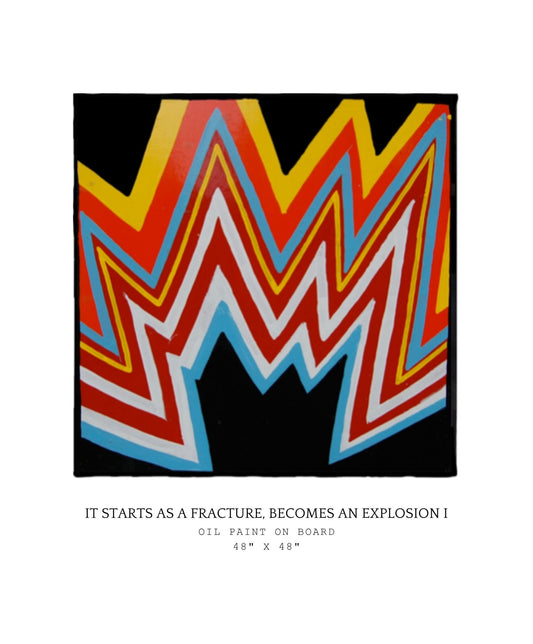 Abstract art piece with colorful zigzag patterns of an explosion on a black background