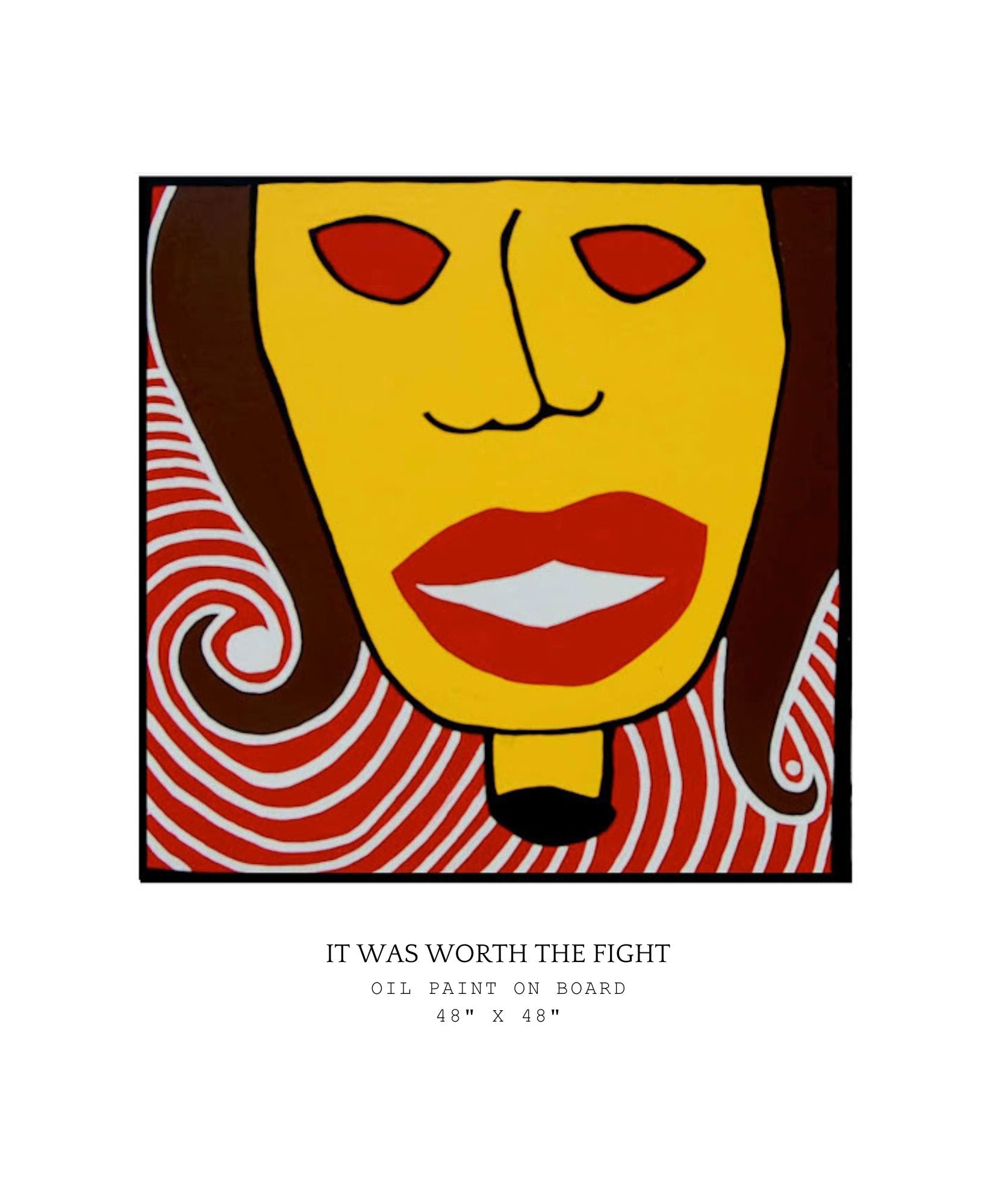 Artistic depiction of a face with red and yellow colors on a white background