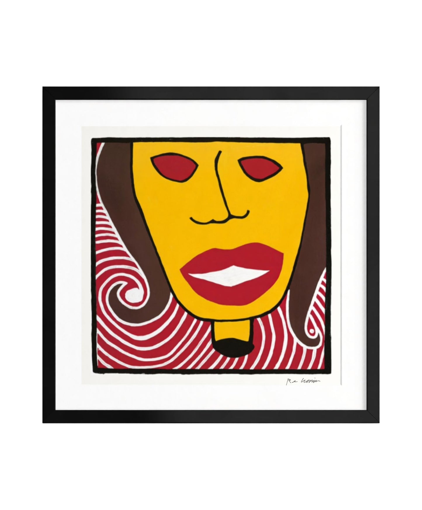 Framed artwork of a stylized face with red and yellow colors on a white background