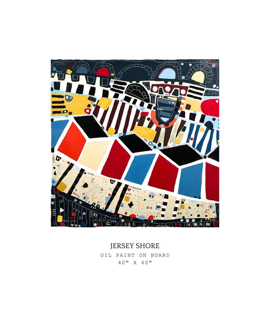 Colorful abstract artwork titled 'Jersey Shore' on a white background