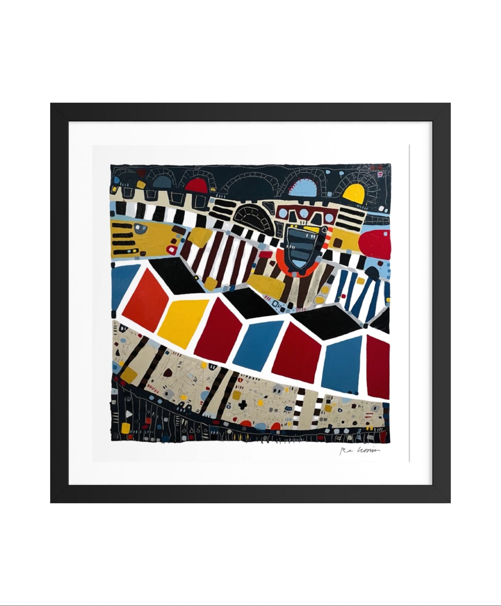 Framed abstract artwork of a Jersey Shore scene with geometric shapes and bold colors on a white background