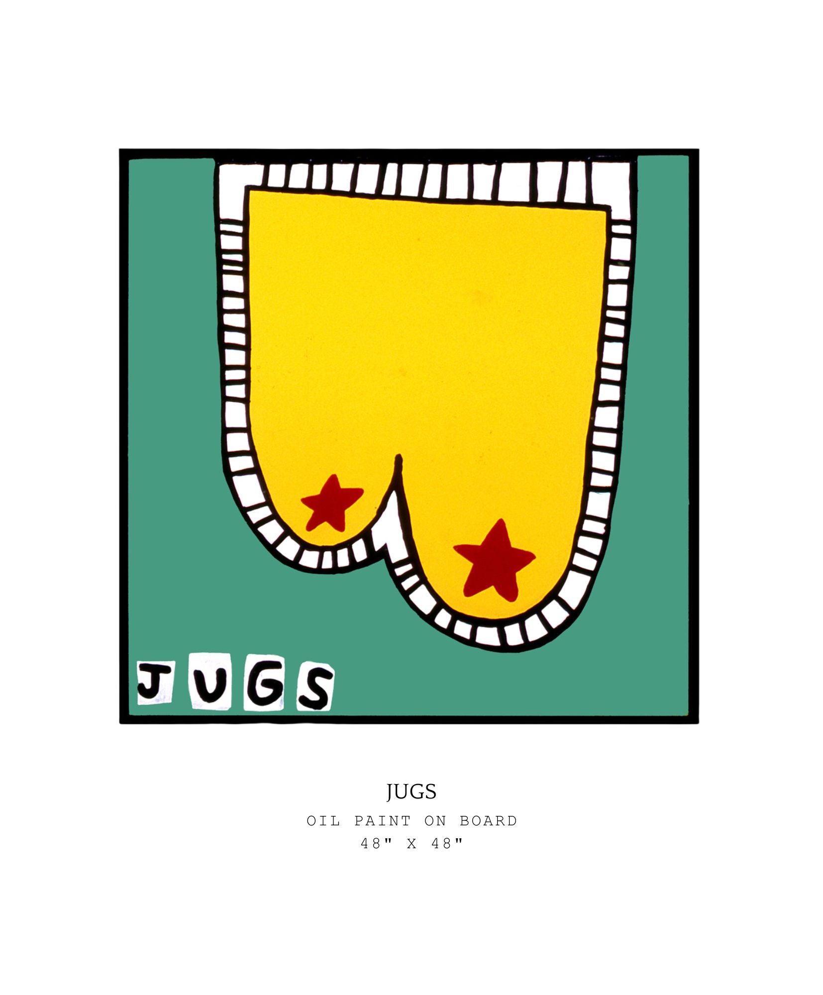 Artistic depiction of a yellow breast with red stars as nipples on a green background, labeled 'JUGS'.