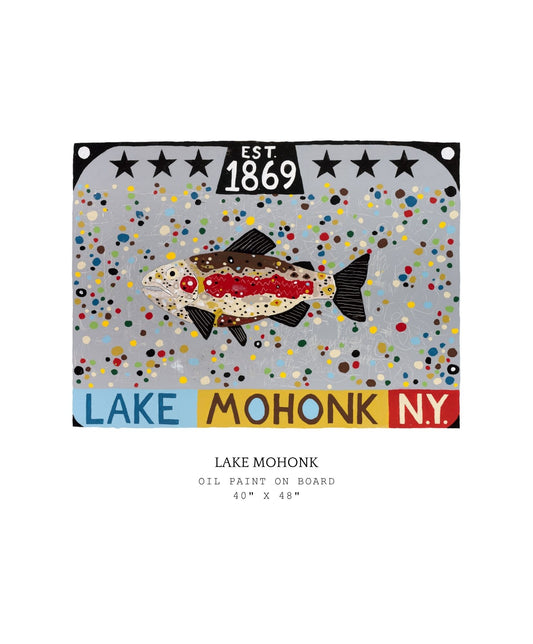 Decorative sign with a fish illustration and text about Lake Mohonk, New York. From the Mohonk Mountain House series.
