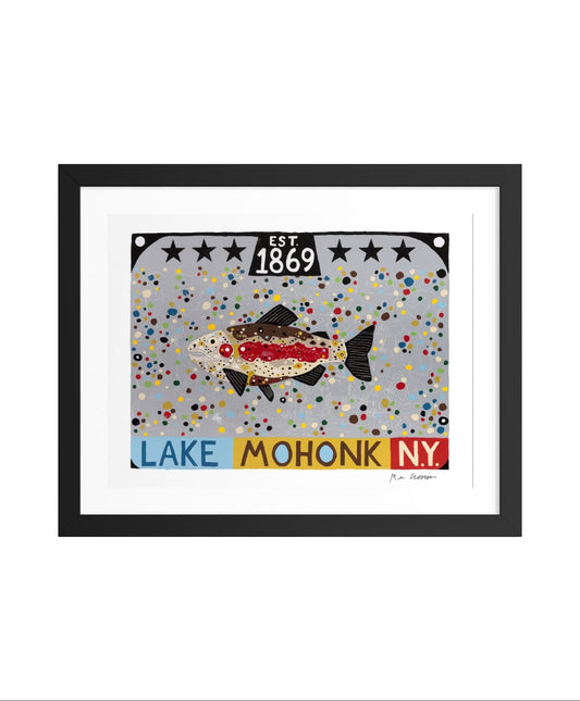 Framed artwork with a fish illustration and text about Lake Mohonk, New York. Part of the Mohonk series.