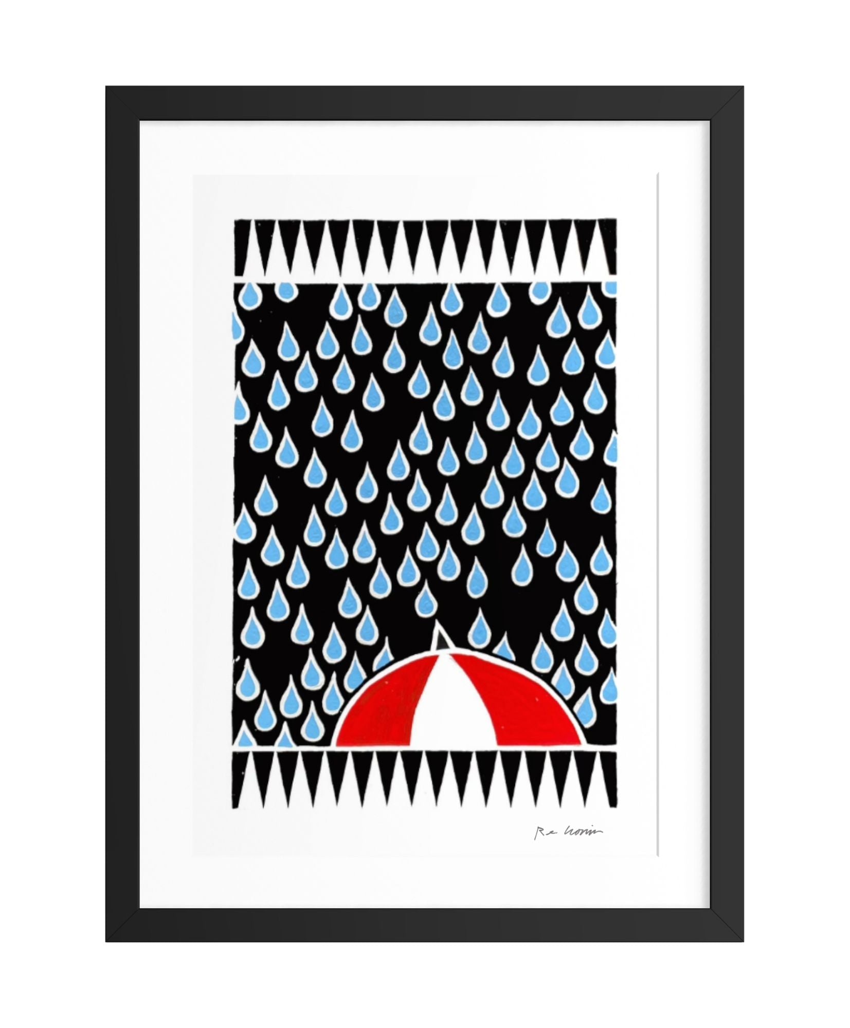 Framed artwork of a red umbrella under blue raindrops on a black background