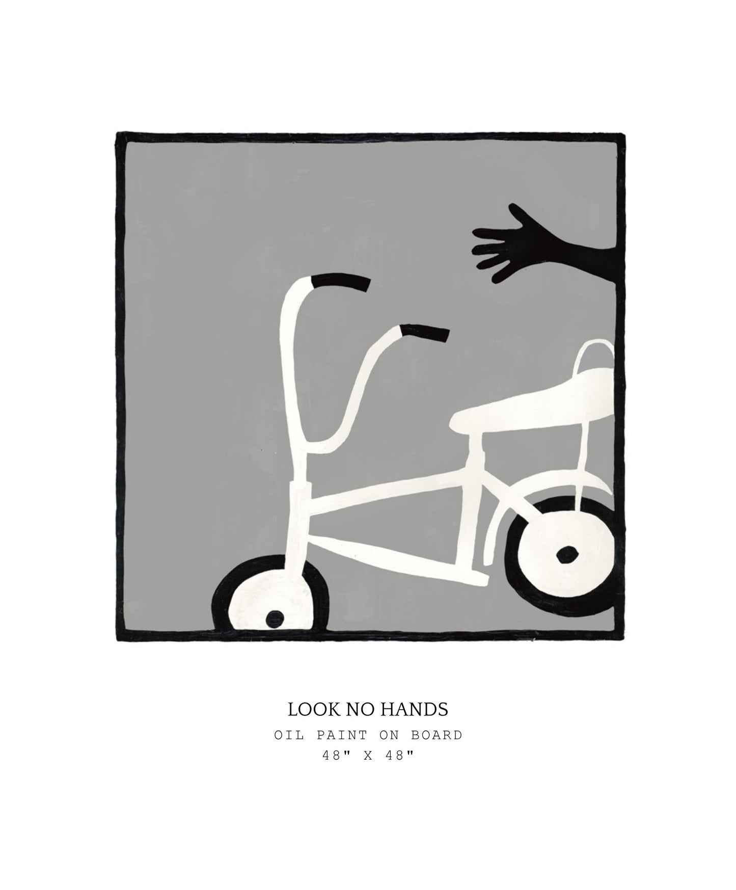 Artistic depiction of a child's bicycle with a hand reaching out, on a gray background.