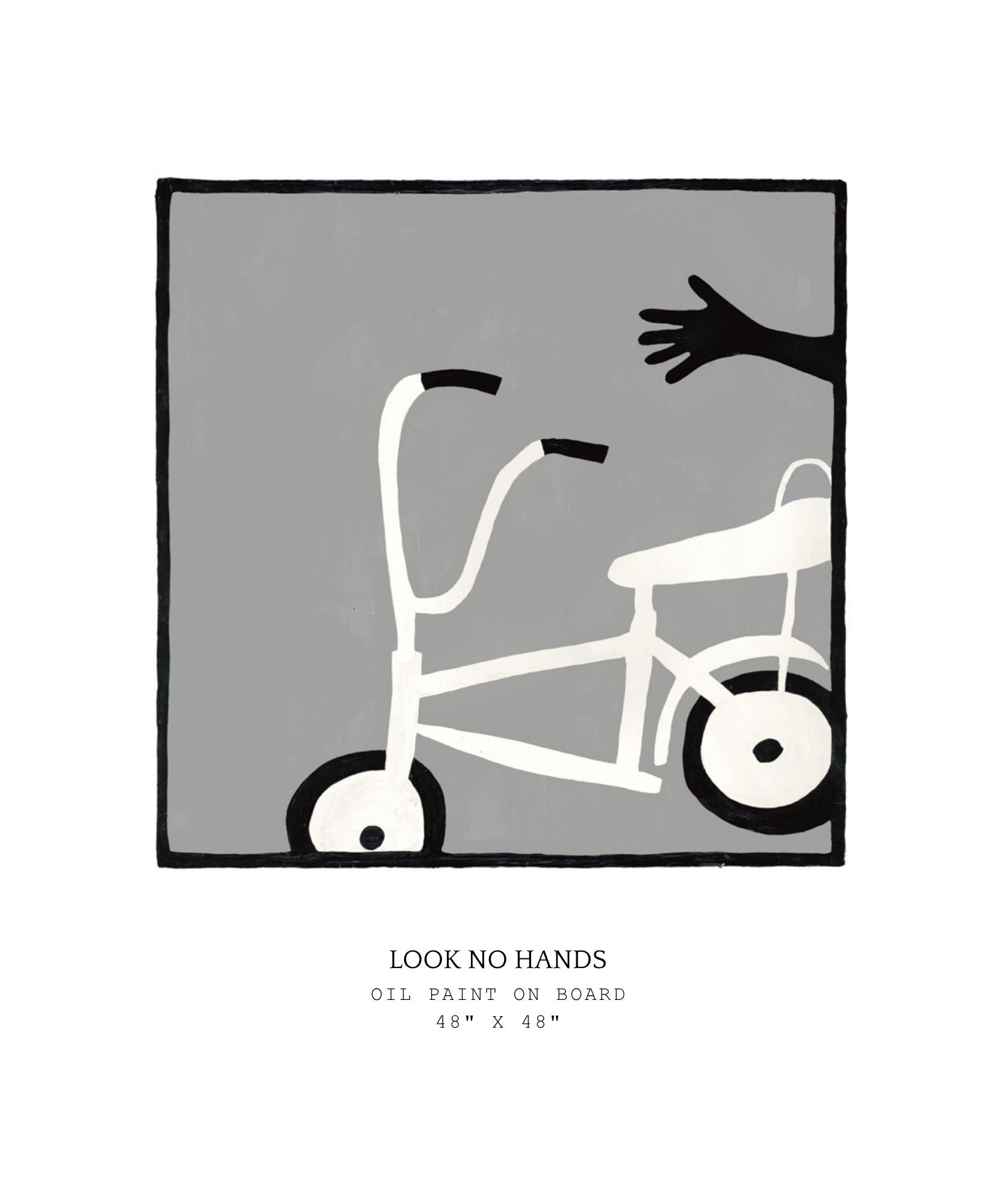 Artistic depiction of a child's bicycle with a hand reaching out, on a gray background.